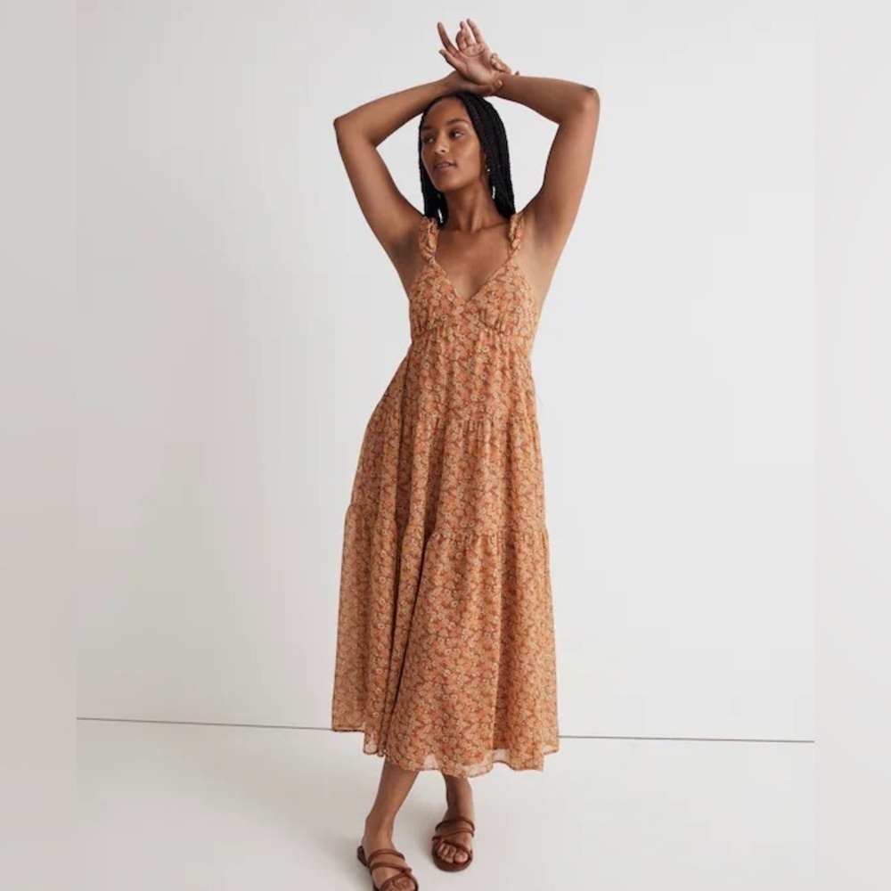 Georgette Ruffle-Sleeve Tiered Midi Dress In Daisy Meadow Size 0